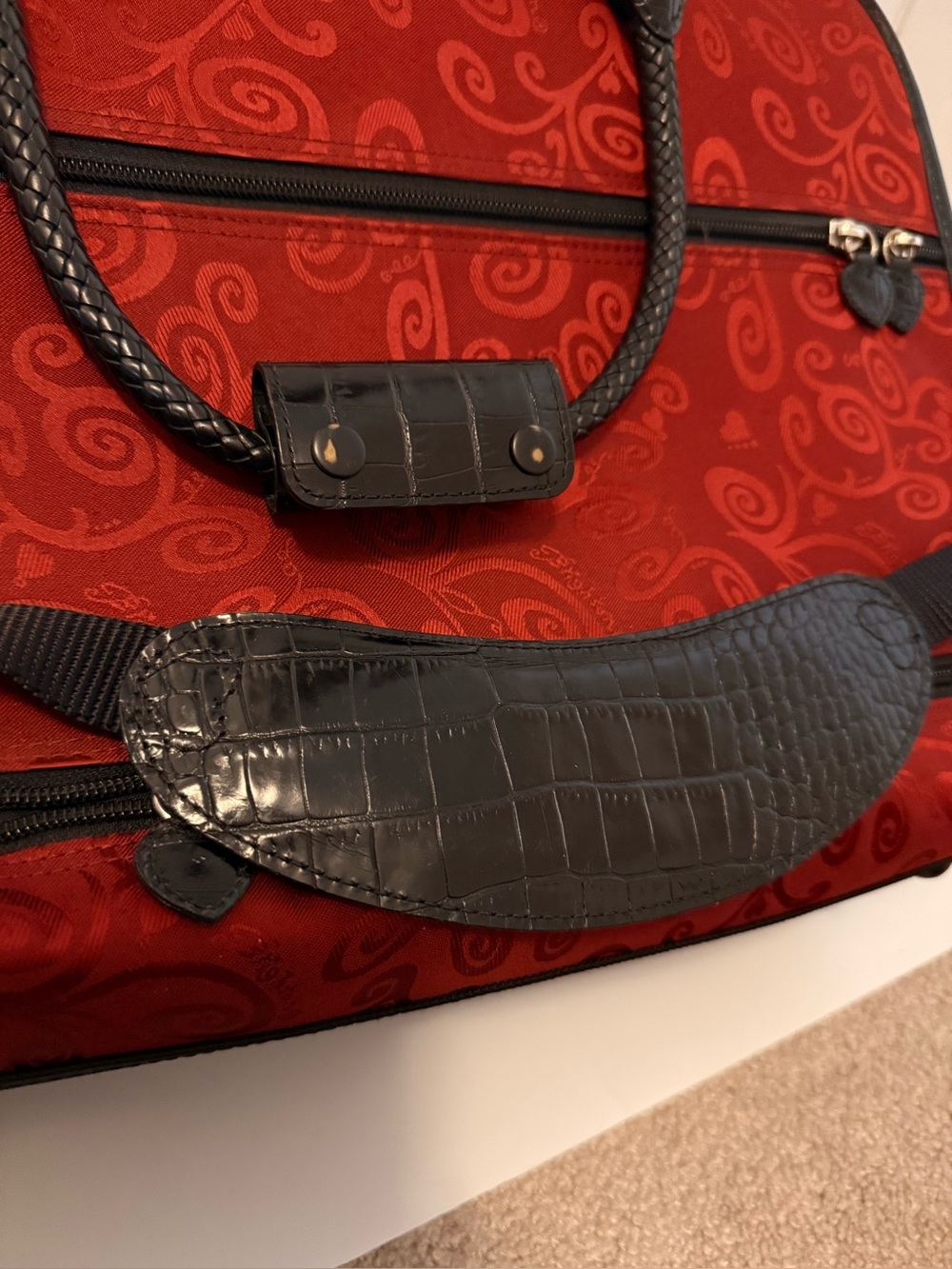Brighton Ruby Red Jacquard Croc Leather Weekender Travel Bag Carry-On Elegant - Picture 10 of 15